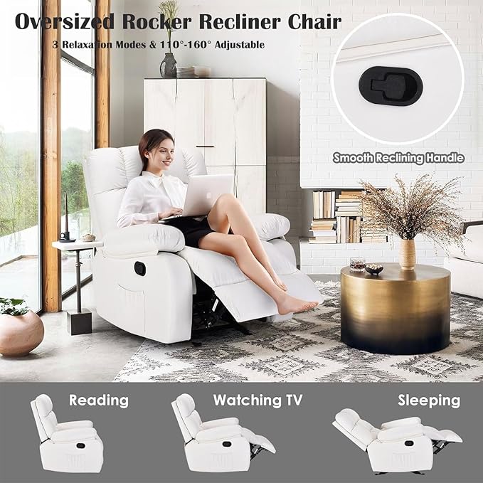 Recliner Chair, Leather Adjustable Recliner with Side Pockets, Living Room Power Reclining Lounge Chair for Adults, Small Spaces Comfy Sofa with Theater Seating for Bedroom, White