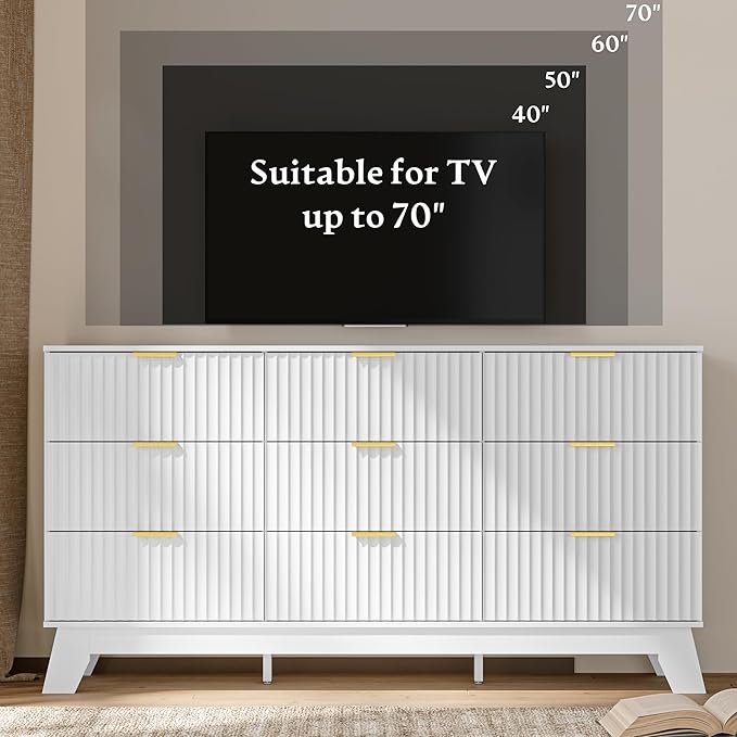 Fluted Dresser for Bedroom with 9 Drawers, 57" White Dressers & Chest of Drawers, Mid Century Modern Dressers TV Stand, Boho Wood Dresser for Closet Wide Storage Organizer for Living Room, Hallway