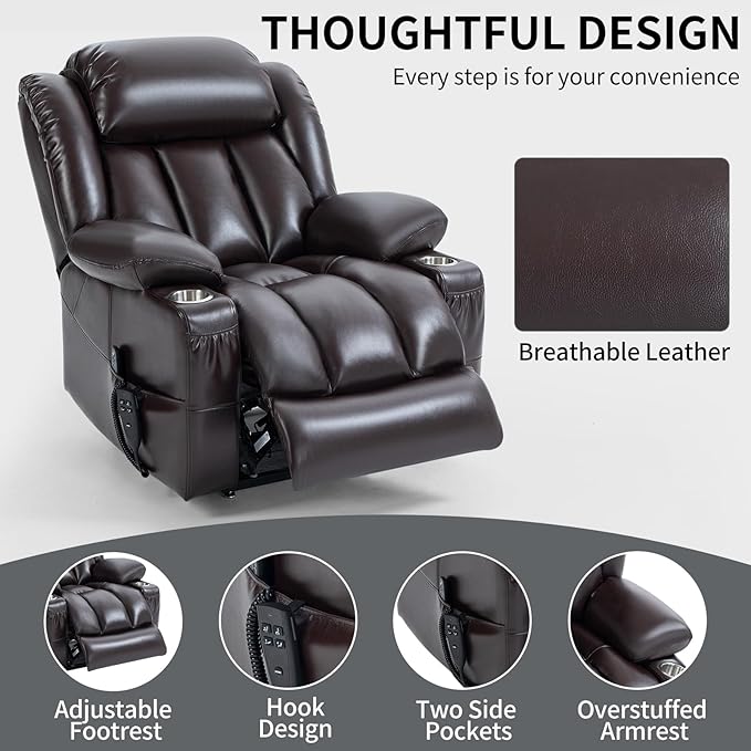 Electric Lay Flat Recliner Chair with Vibration Massage Heat for Elderly People, Power Lift Chair with Dual Motor Cup Holders, Faux Leather Red Brown