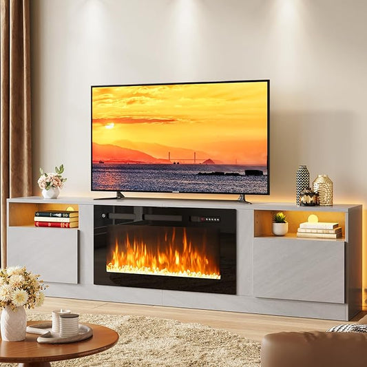 oneinmil 80” TV Stand with 36” Electric Fireplace, Large Modern Media Entertainment Center with Storage Cabinet and 12 Colors LED Lights for TVs Up to 90", Gray TV Stand and Black Fireplace