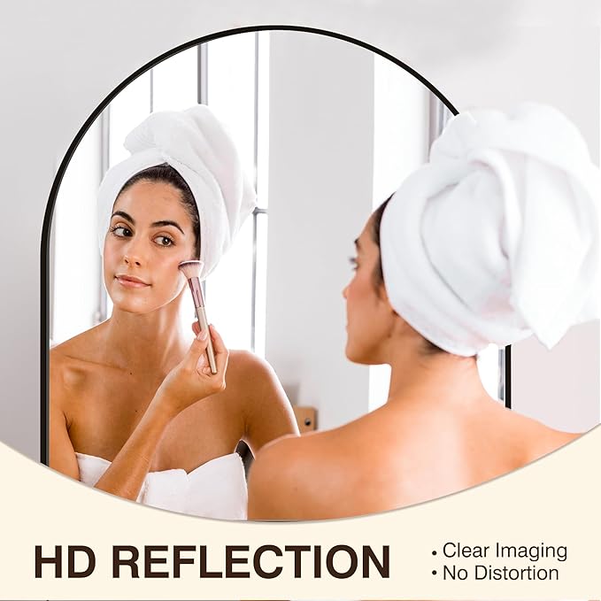 FICTOR Bathroom Vanity Mirror for Wall,32”x30” Arched Metal Framed Bathroom Mirror for Over Sink,Entryway,Living Room,Bedroom(Black)