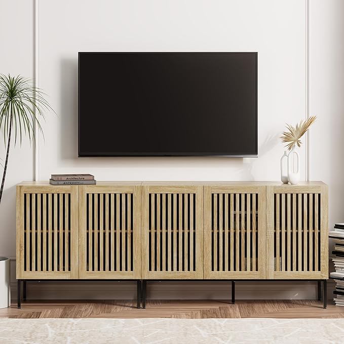 Farmhouse TV Stand for TVs up to 85 inch, 2 in 1 Entertainment Center TV Console with Storage Cabinets and Metal Base,Media Console for Living Room,Oak