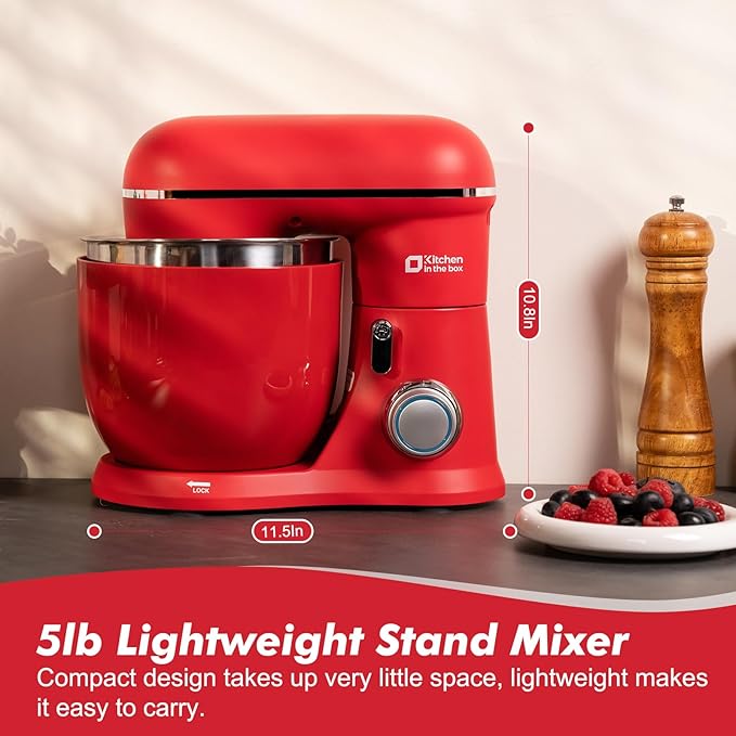 Kitchen in the Box Stand Mixer, 3.5QT Two Bowls Small Kitchen Electric Mixer, 10-Speed Portable Lightweight Matte Finish with Egg Whisk, Dough Hook, Beater (Matte Red, 3.5QT)