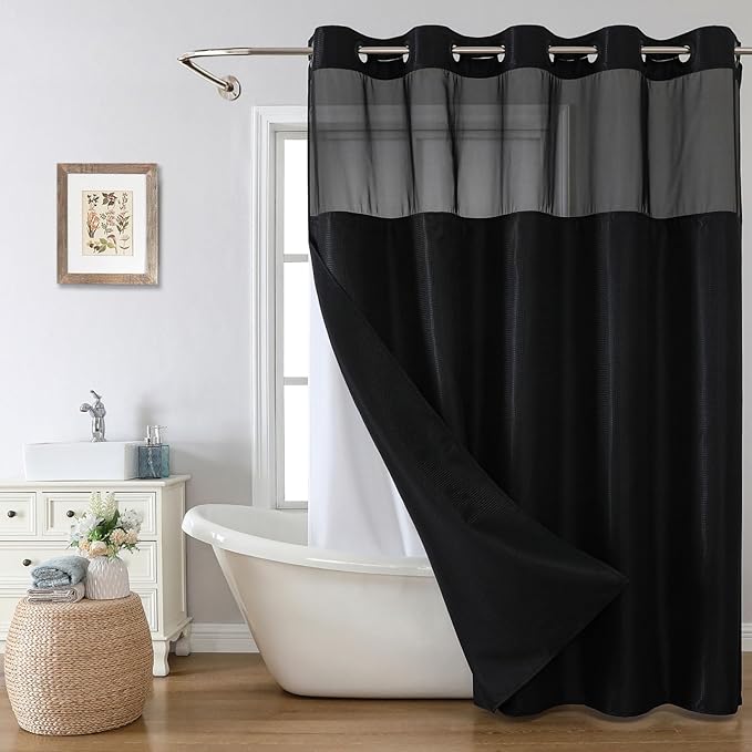 Extra Long No Hook Shower Curtain with Snap-in Fabric Liner Set,Black Waffle Weave Shower Curtains for Bathroom,Hotel Luxury Decor Bathroom Curtain Set,Waterproof & Washable,71Wx86H