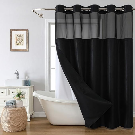 Stall No Hook Shower Curtain with Snap-in Fabric Liner Set,Waffle Weave Shower Curtains for Bathroom,Hotel Luxury Decor Bathroom Curtain Set,Waterproof & Washable,Black,54Wx80H