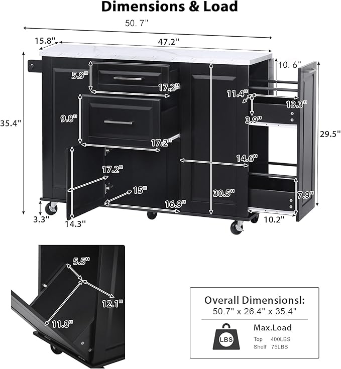 50.7" Mobile Kitchen Island with Storage Tilt Trash Can Cabinet and Pull Out Cabinet Organizer, Movable Rolling Island on 5 Wheels with Drop Leaf, 2 Drawers, 1Door for Kitchen, Dining Room (Black)