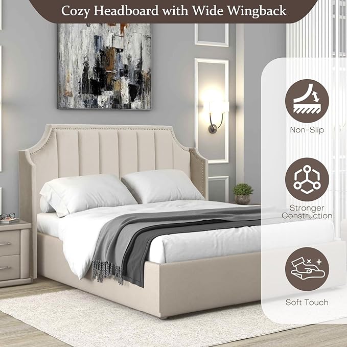 Lucky Monet Luxurious Headboard Only Queen Size with Wingback, Velvet Upholstered Tufted Headboard with Nailhead Decor for Bed, Adjustable Height Curved Head Board Vertical Channel Design (Beige)