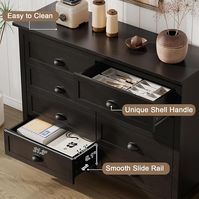 Black Dresser for Bedroom, Farmhouse 8 Drawer Double Dresser with Vintage Antique Handles, Modern Tall Dressers and Chest of Drawers for Bedroom