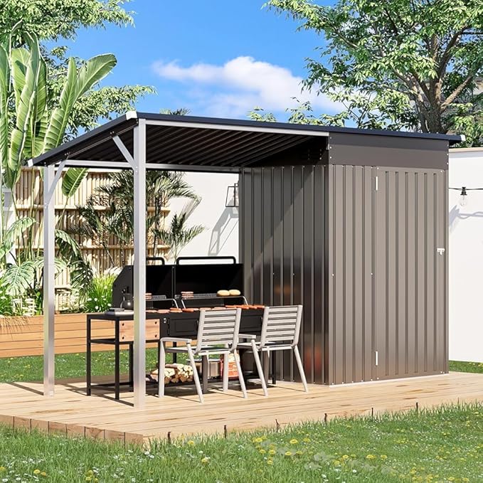 AECOJOY Outdoor Open-Sided Metal Storage Shed, 3x5 Sheds & Outdoor Storage with 15 Sq. Ft Covered, 5' x 3' Small 2-in-1 Tool Shed with Attached Hardtop Metal Pergola Gazebo