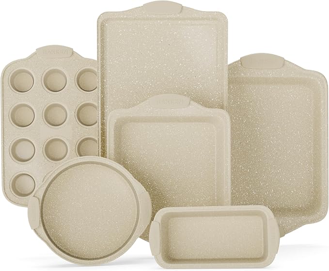 6-Piece Deluxe Nonstick Baking Pan Set - Professional Grade Carbon Steel Bakeware with White Marble Coating & Silicone Handles