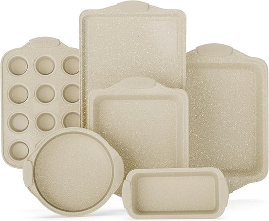 6-Piece Deluxe Nonstick Baking Pan Set - Professional Grade Carbon Steel Bakeware with White Marble Coating & Silicone Handles