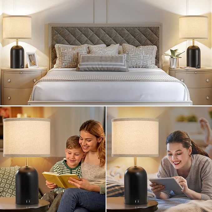 Touch Control Table Lamps Set of 2, Modern Bedside Lamp with 2 USB Ports, 3-Way Dimmable Gold and Black Nightstand Lamp with Fabric Shade for Living Room Bedroom Office Dorm(LED Bulbs Included)