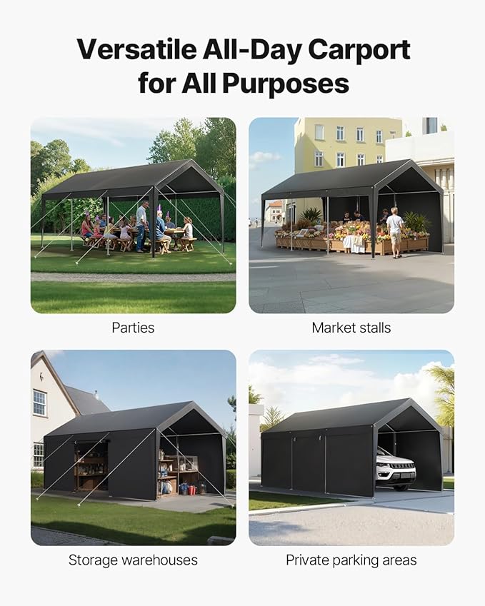 VEVOR Upgraded 10x20 FT Heavy Duty Carport Canopy with Roll-up Windows, All-Season Portable Garage with Removable Sidewalls & Doors, 12 Stakes & 12 Ropes, Car Tent for Car, Truck, Boat, Equipment