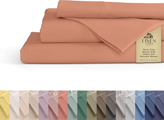 Linen Home 100% Cotton Percale Sheets Queen Size, Tera Clay, Deep Pocket, 4 Pieces Set - 1 Flat, 1 Deep Pocket Fitted Sheet and 2 Pillowcases, Crisp Cool and Strong Bed Linen