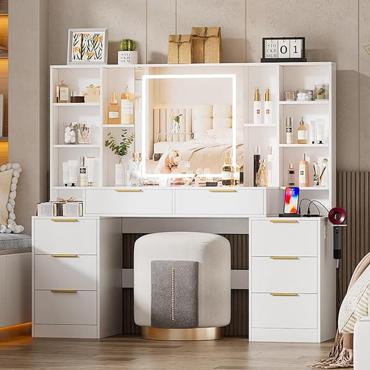 Large Makeup Vanity Desk with Lighted Mirror & Power Outlet,Dresser Table with 3 Lighting Modes Brightness Adjustable,Drawers,Shelves,Hair Dryer Stand for Bedroom,White (No Stool)