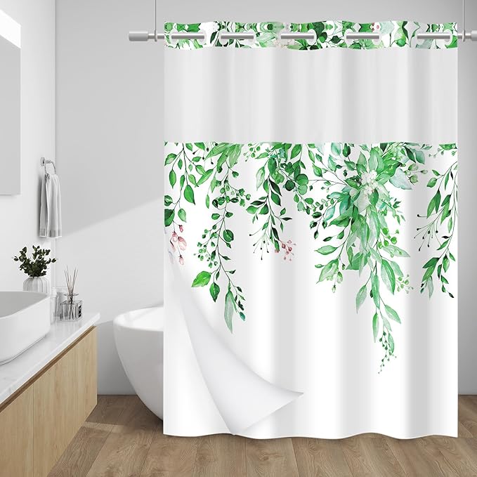 No Hook Shower Curtain with Snap in Liner - Eucalyptus Shower Curtain - Washable Waterproof Inner Liner, Plants Dark Green Leaves Modern Shower Curtains - Machine Washable, 71 x 74