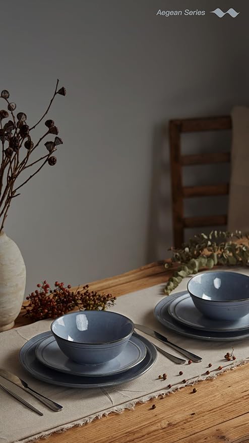 Famiware Aegean Stoneware Dinnerware Set for 8, Plates and Bowls Sets, 24 Pieces Scratch Resistant Dinner Set, Handmade Irregular Round Dishes - Microwave and Dishwasher Safe, Blue Grey