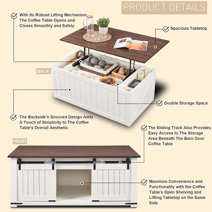 48" Lift Top Coffee Table, Farmhouse Cocktai with Sliding Groove Barn Door, Rustic Wood Center Table w/Double Storage Spaces for Living Room, White
