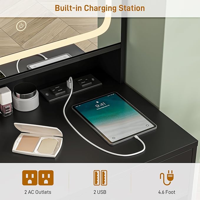 Vabches Makeup Vanity with LED Lights Mirror and Charging Station, Vanity Desk with Multiple Shelves and Drawers, Makeup Desk with Stool, Dressing Desk with 3 LED Light Models for Bedroom, Black