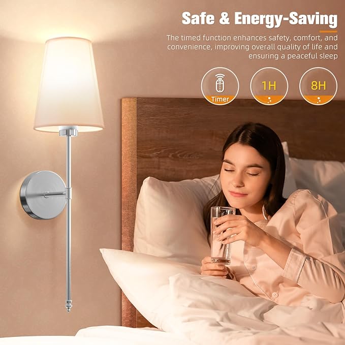 NIORSUN 25.4 inch Brushed Nickel Battery Operated Wall Sconce Set of 2,Rechargeable Wall Lights with Dimmable Detachable Bulbs and Remote,9 Colors Wireless Sconces for Bedroom Living Room Hallway