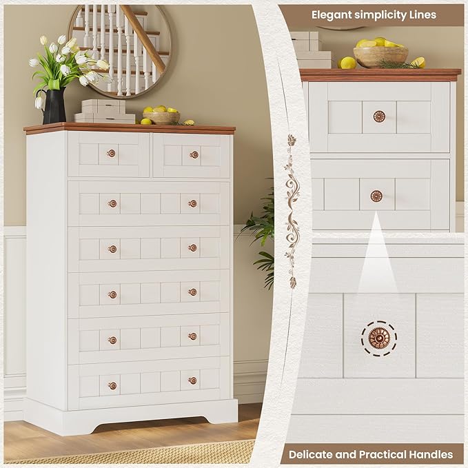 Hasuit White Dresser for Bedroom, Farmhouse 7 Drawers Dresser, 51.4"Tall Dressers Chest of Drawers with Hand Carved Panel, Large Wood Closet Storage Organizers Dressers for Bedroom Living Room Hallway