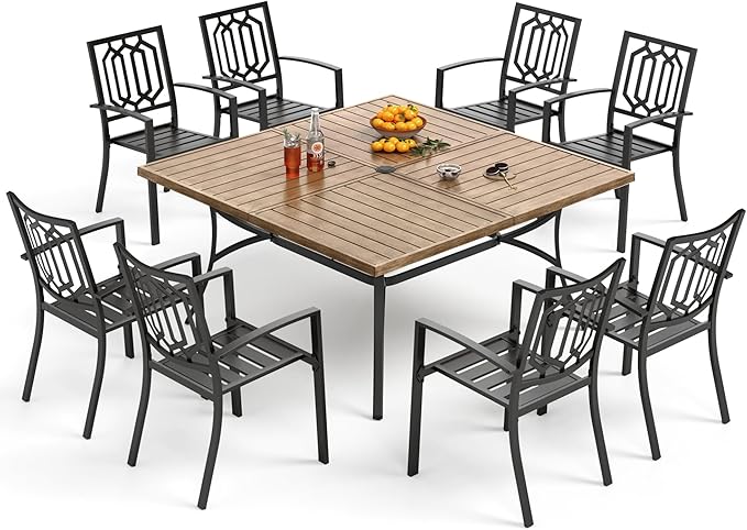 PHI VILLA 9-Piece Outdoor Dining Set, Retangualr Metal Table (60") with Umbrella Hole and 8 Stackable Dining Chairs – Perfect for Patio, Garden, Deck, Porch, and Yard, 9PCS Outdoor Dining Set Style 2