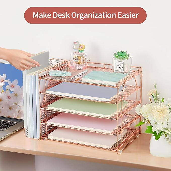 AUPSEN Rose Gold Desk Accessories Organizer,5-Tier Desktop Paper File Organizer with Adjustable File Holder, Office Desk Accessories for Office Supplies