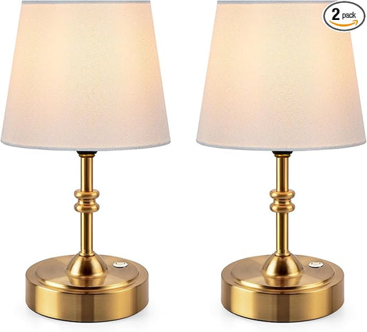 ONEWISH 2 Pack Small Cordless Lamps, Battery Operated Table lamp Dimmable, 4000mAh Rechargeable, Touch Bedside Lamp with White Fabric Shade, 2700K Bulb Included, for Dining, Patio, Bathroom(Gold)