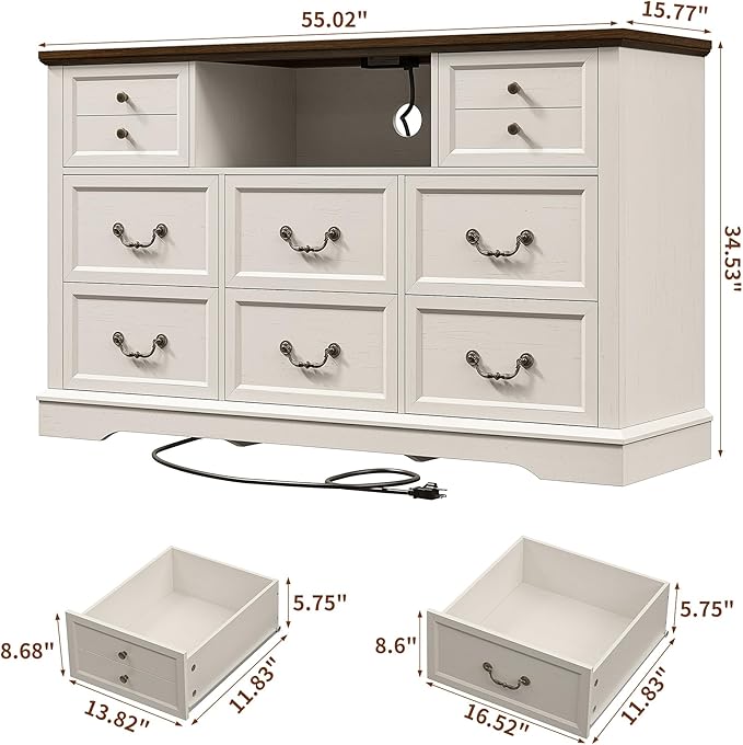 White Dresser for Bedroom with Charging Station & Led Lights,55.02" TV Stand with 8 Drawers,Dressers & Chests of Drawers with Open Shelves,Hallway,Closet 55.02" W x 34.53" H x 15.77" D White