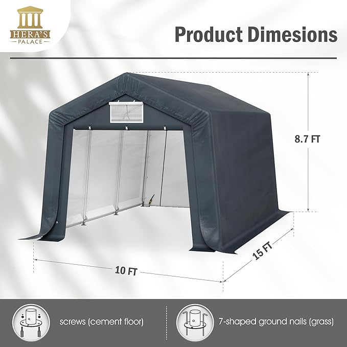 HERA'S PALACE 10x15ft Outdoor All-Season Portable Storage Shelter Shed Car Canopy Carport with 2 Roll up Zipper Doors Garage Kit Tent for Motorcycle Garden Tools