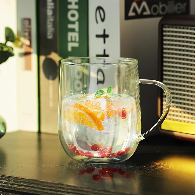 Joeyan Large Clear Double Walled Glass Coffee Mugs 15 oz, Double Layer Tea Latte Cappuccino Cups with Handle, Double Lined Insulated High Borosilicate Glassware for Milk and Hot Beverages, Set of 2