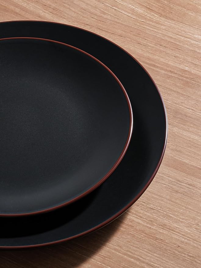 Famiware Venus Plates and Bowls Sets, 12 Pieces Stoneware Dinnerware Sets, Dishes Set for 4, Microwave and Dishwasher Safe, Matte Black