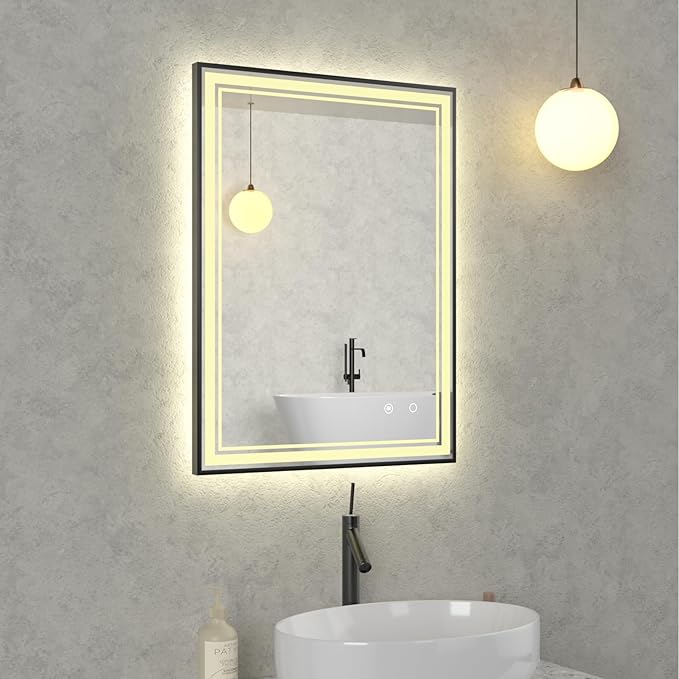 30" x 22" LED Bathroom Mirror with Lights Framed LED Mirror for Bathroom Backlit and Front Lighted Bathroom Mirror Black Square Aluminum Frame Anti-Fog Dimmable Adjustable Shatter-Proof