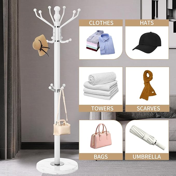Modern Coat Rack with Natural Marble Base, Metal Freestanding Coat Racks with 16 Hooks, Heavy Duty Coat Rack Stand, Standing Coat Hall Tree Hanger Holder Stand for Entryway,Office