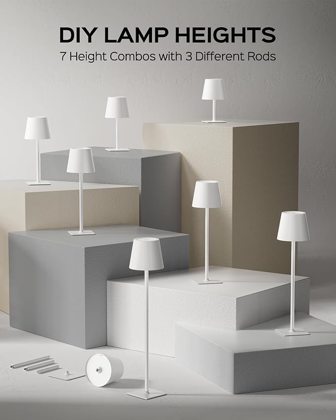 JACKYLED Cordless Lamp DIY Height, 3 Color Stepless Dimming, 5000mAh Battery Operated Lamp Portable Rechargeable for Bedroom Dinning Kitchen, White, 2 Pack