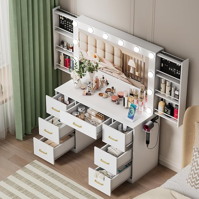White Makeup Vanity Desk with Lighted Mirror & Power Outlet,3 Color Modes, Brightness Adjustable,Vanity Table with Drawer,Sliding 2 Storage Wall-Mounted Jewelry,4 Shelves for Bedroom