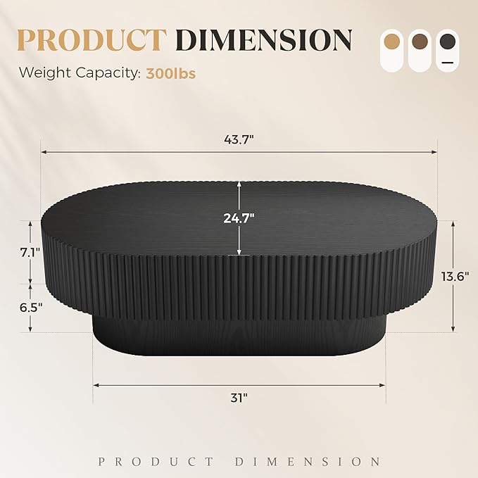 43.7” Oval Coffee Table, Modern Wood Fluted Coffee Table for Living Room, Veneer Handcrafted Relief Center Table with Sturdy Pedestal，Easy Assembly - Black