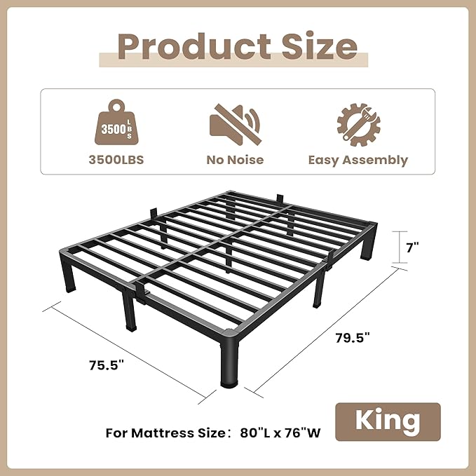 ROIL 7 inch King Size Bed Frame Metal Platform No Box Spring Needed with Round Corner Legs Mattress Stoppers Retainers 3500LBS Heavy Duty Steel Slats Noise-Free Easy Assembly