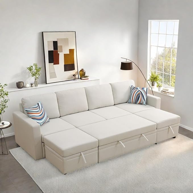 102 Inch L Shaped Sectional Couch with Pull Out Bed, 6-Seat Sleeper Sofa with Storage Ottoman, Convertible Sofa Bed for Living Room, Apartment, Off White