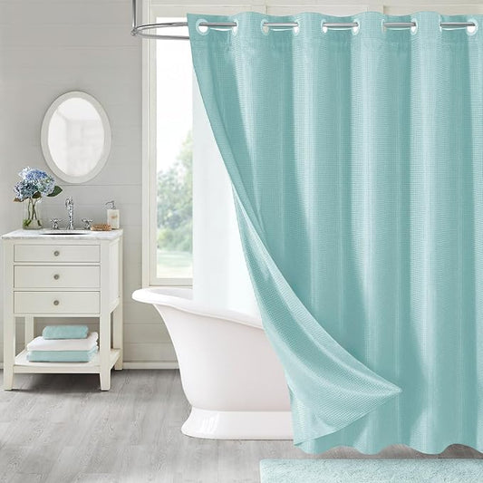 MitoVilla Teal Long Shower Curtain 72 x 80, No Hooks Needed 80 inch Long Heavyweight Waffle Fabric Shower Curtain Set with Snap-in Liner for Aqua Hotel Grade Spa-Like Bathroom Decor, Teal/Turquoise