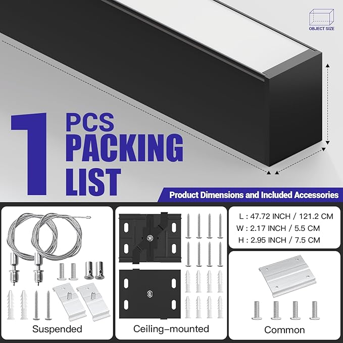 JTT 4FT LED Linear Light, 30W/40W/50W 3CCT 3000K/4000K/5000K CCT Selectable, 6250 LM Linkable Office Shop Light Fixture, ETL Listed Dimmable Architectural LED Suspension Office Lighting Fixture