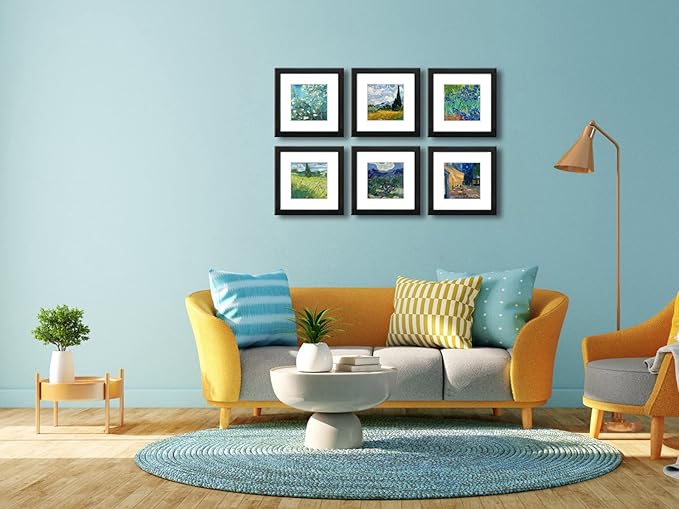 8x8 Picture Frame Set of 6 with Real Glass for Pictures 5x5 with Mat or 8x8 Without Mat, Wall Gallery or Tabletop display Photo Frames in Black