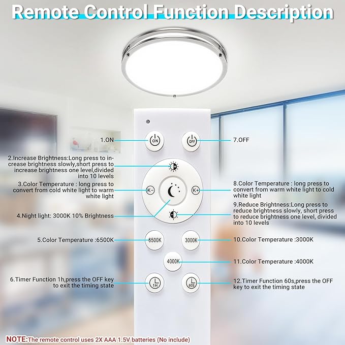 libtit 10Inch Flush Mount Ceiling Lights with Remote, 18W Dimmable LED Ceiling Light with Nightlight and Timer, 3000K-6500K Adjustable Brushed Nickel Light Fixture for Closet Kitchen Hallway-1Pack