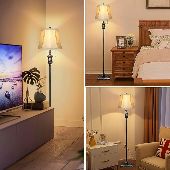 TOBUSA Traditional Floor Lamp, Classic Standing Lamp with Bronze Fabric Shade, Vintage Elegant Tall Pole Lamp for Living Room Bedroom Office Reading, Rustic Upright Floor Lights, Pull Chain Switch