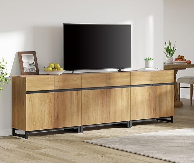 WAMPAT Modern TV Stand for 75-110 Inch TVs, Wooden Entertainment Center Console With Metal Base and Adjustable Shelves for Living Room, Bedroom, 94.5 Inch, Oak