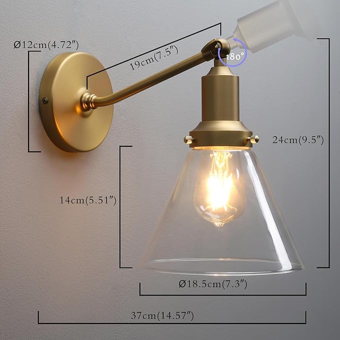 PERMO Industrial Vintage Slope Pole Wall Mount Single Sconce with Funnel Flared Clear Glass Shade Wall Sconce Light Lamp Fixture Hardwired (Antique Gold)
