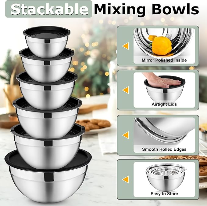 P&P CHEF Mixing Bowls with Lids Set of 6, Stainless Steel Nesting Salad Bowl & 3 Grater Attachments for Prepping Storing, 4.6/2.6/2/1.5/1/0.7 QT, Black