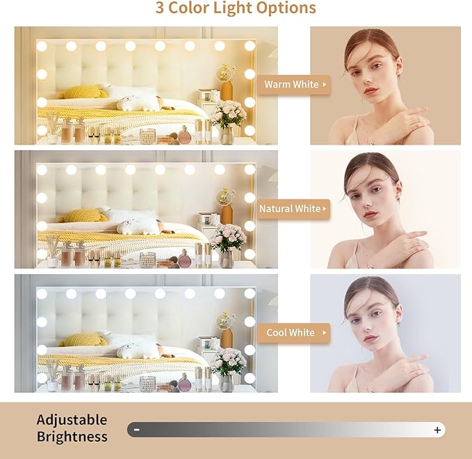 VOWNER Vanity with Lighted Mirror - Makeup Vanity Desk with Lights and 11 Drawers, 3 Color Lighting Modes Adjustable Brightness, 46" Makeup Desk with Soft Cushioned Stool for Bedroom, White