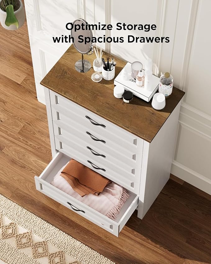 Pipishell White 5 Drawers Dresser Chests for Bedroom, 42.7 Inch Tall Wooden Dresser, Farmhouse Storgae Organizer with Large Drawers & Bar Handles for Bedroom, Entryway, Hallway, Brown & White