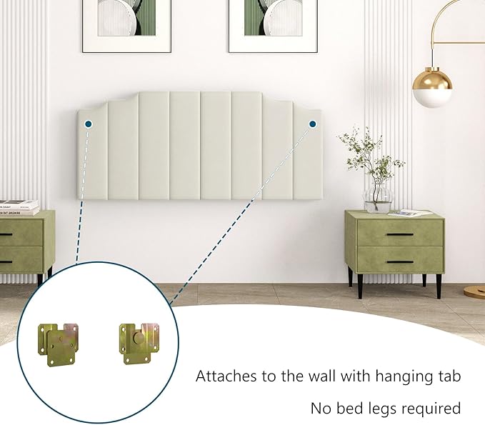 Queen Size Headboard Only, Velvet Wall Mounted Headboard Queen/Full Size for Adjustable Bed, Modern Vertical Channel Design with Curved Tufted Upholstered Head Board, Cream